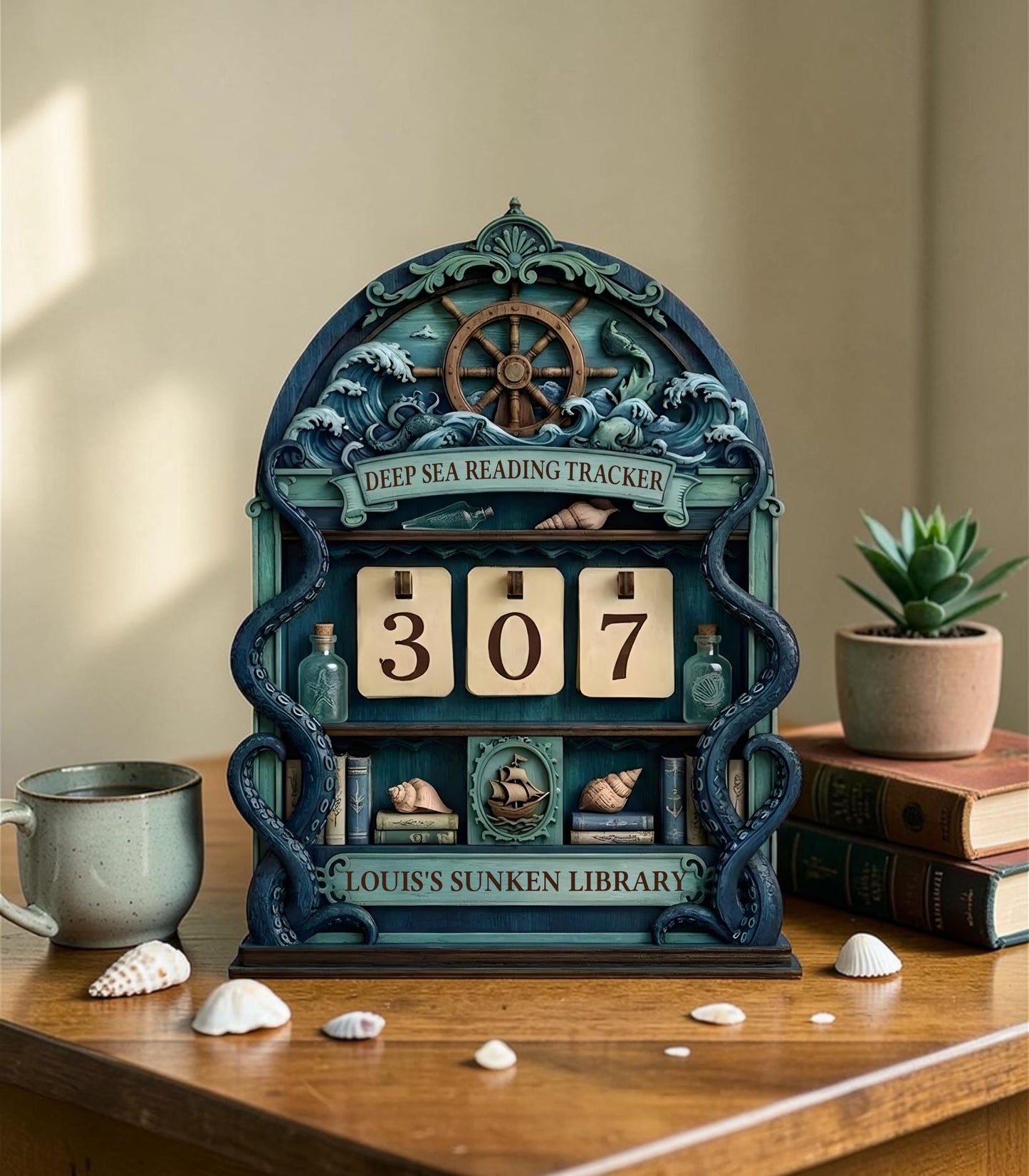 Mystical Sea Witch Reading Book Counter | Ocean Fantasy Bookshelf Art | Bookworm Gift