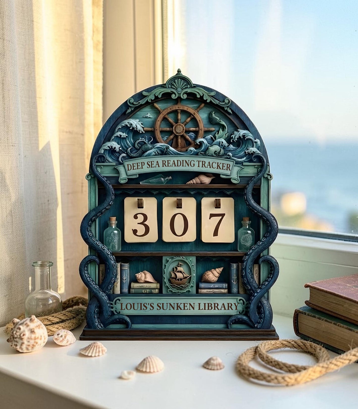 Mystical Sea Witch Reading Book Counter | Ocean Fantasy Bookshelf Art | Bookworm Gift