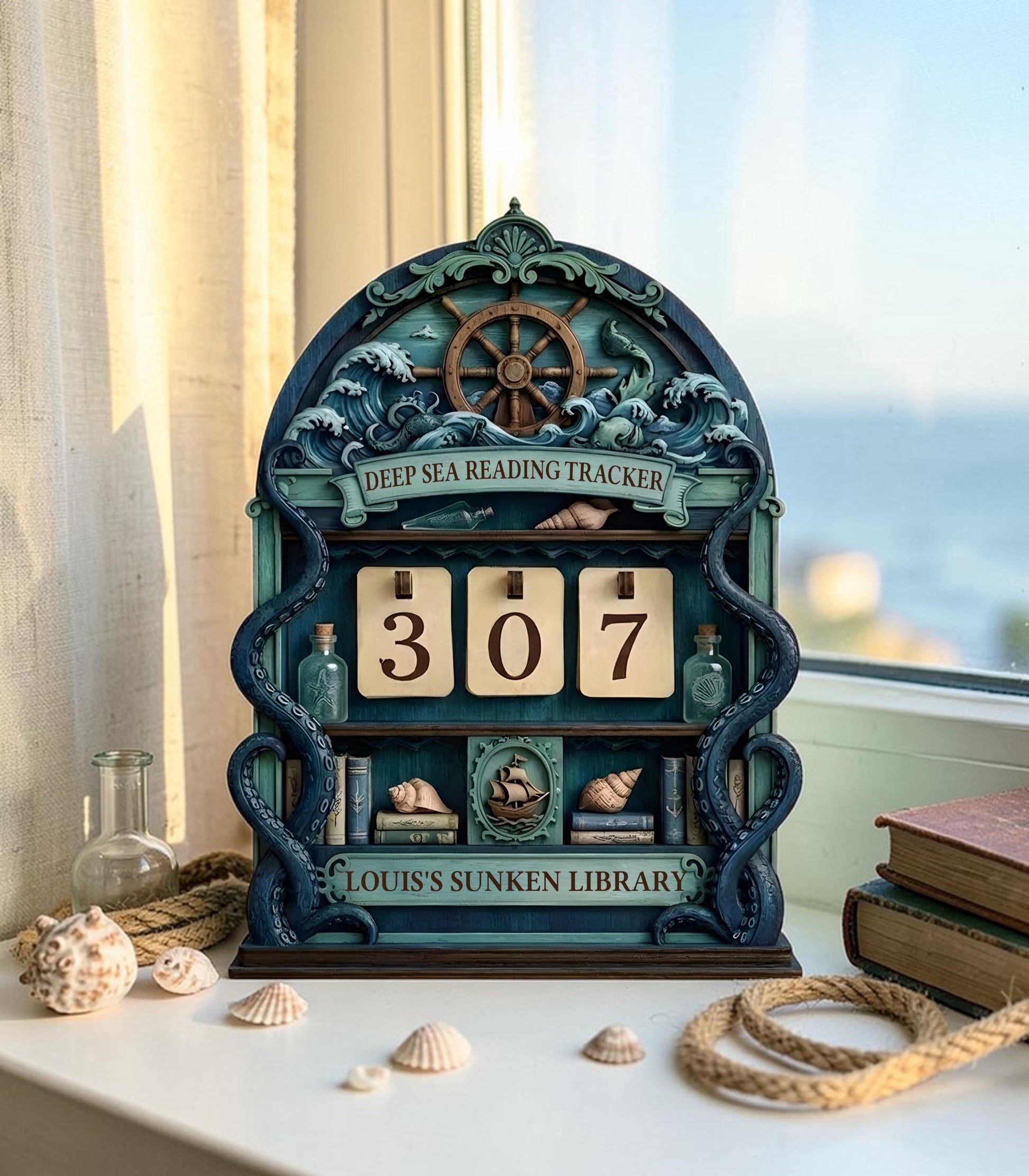 Mystical Sea Witch Reading Book Counter | Ocean Fantasy Bookshelf Art | Bookworm Gift