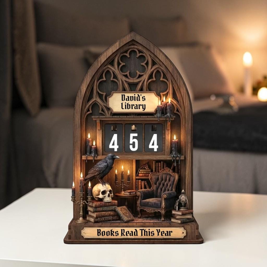 Dark Academia Gothic Library Book Tracker, Raven Skull Reading Counter Decor Gift