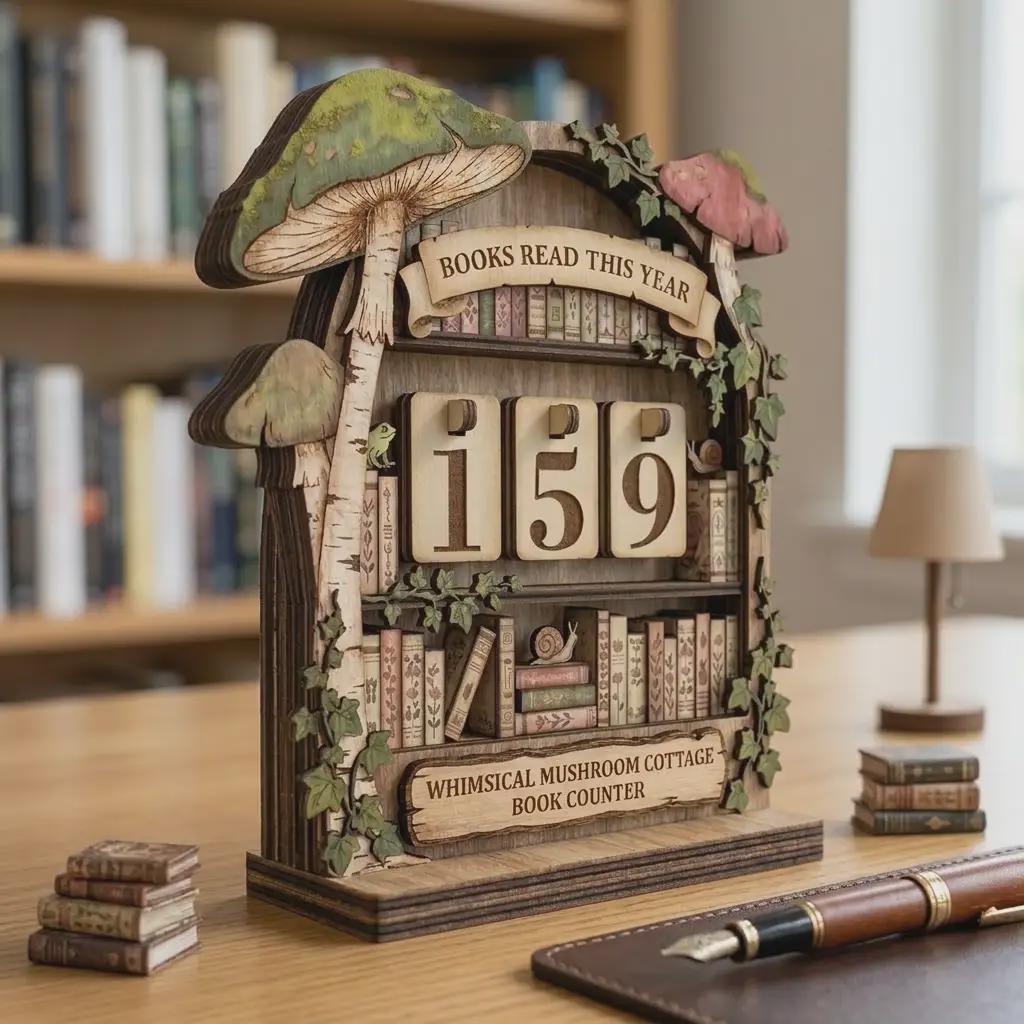 Whimsical Mushroom Cottage Book Counter, Bookshelf Reading Tracker, Rustic Woodland Decor, Unique Literary Gift, Handmade Wooden Decor