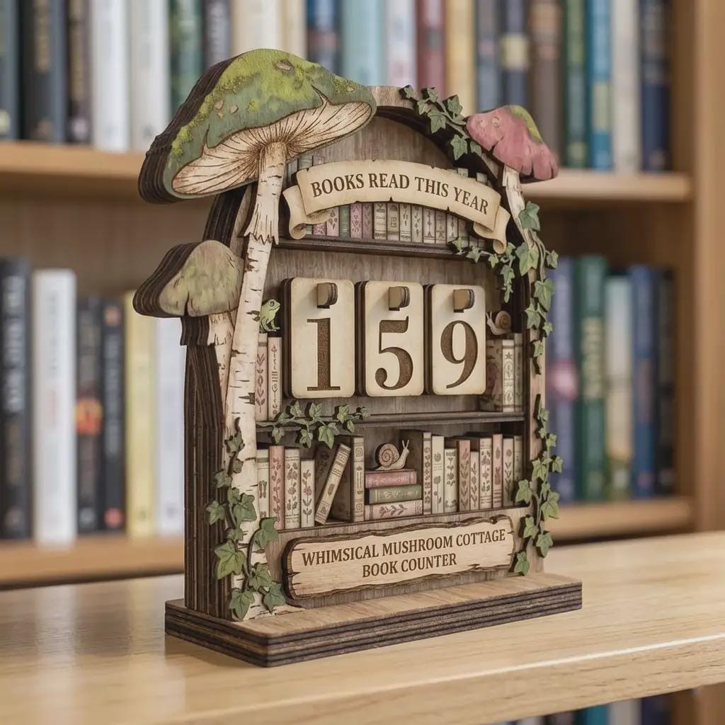 Whimsical Mushroom Cottage Book Counter, Bookshelf Reading Tracker, Rustic Woodland Decor, Unique Literary Gift, Handmade Wooden Decor