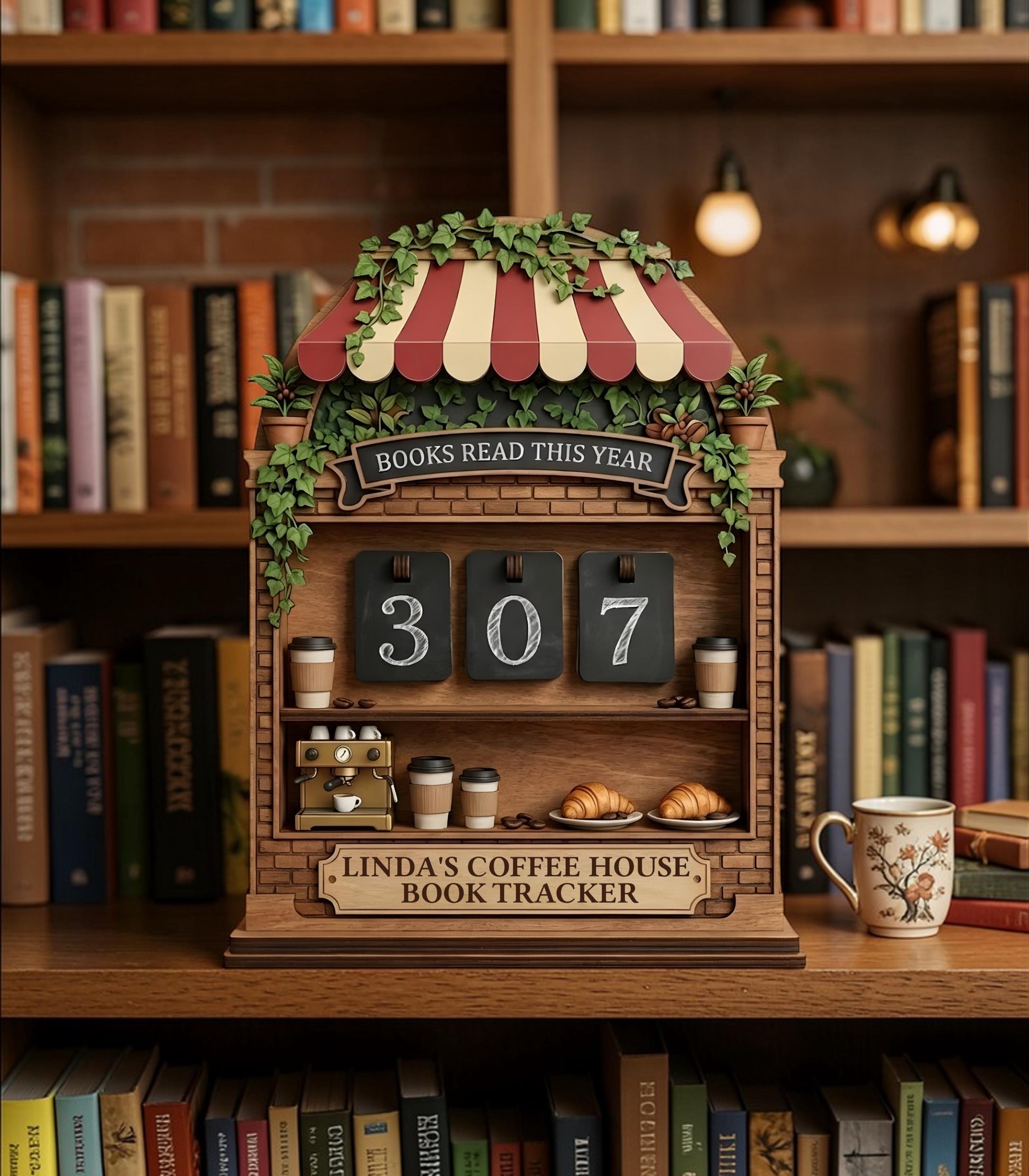 Cozy Coffee Shop Book Tracker, Books Read This Year Display, Literary Gift for Readers