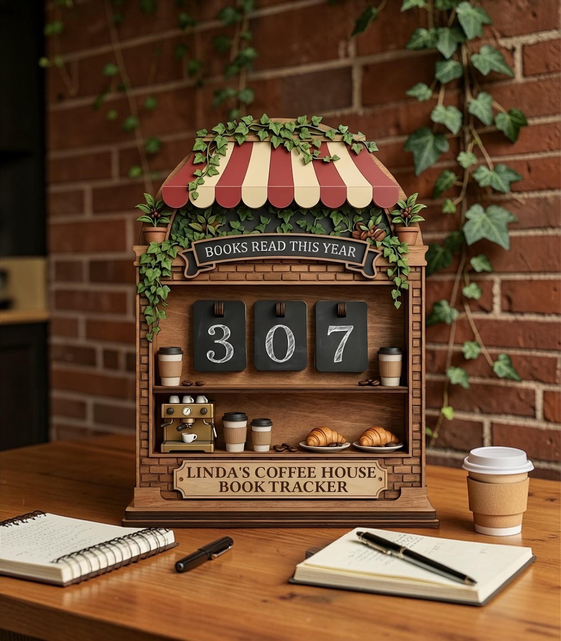 Cozy Coffee Shop Book Tracker, Books Read This Year Display, Literary Gift for Readers