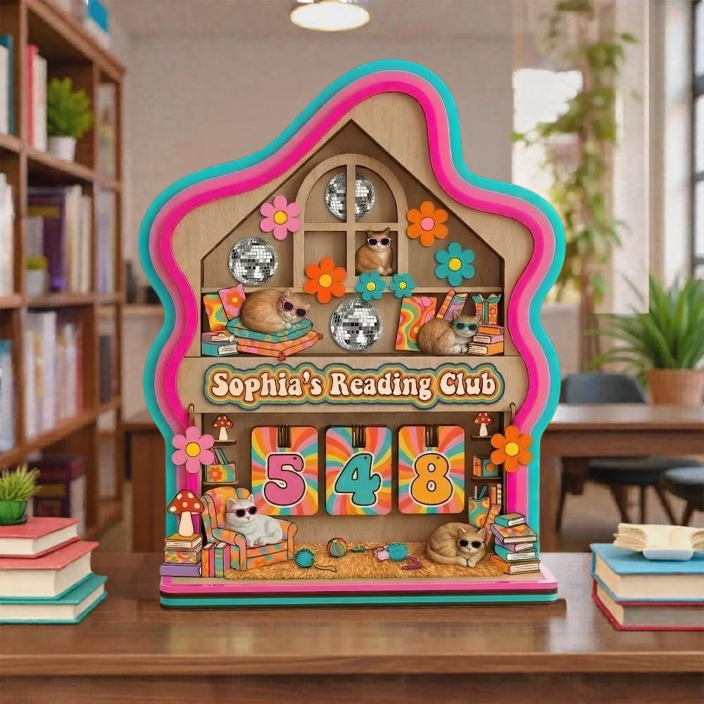 Personalized Cat Reading Club Book Tracker Retro Colorful Reading Counter Cat Lover Reader Gift