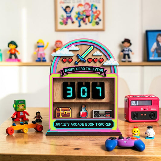 Custom Name Retro Gaming Wooden Book Counter - Unique Arcade Pixel Art Bookshelf Decor Insert