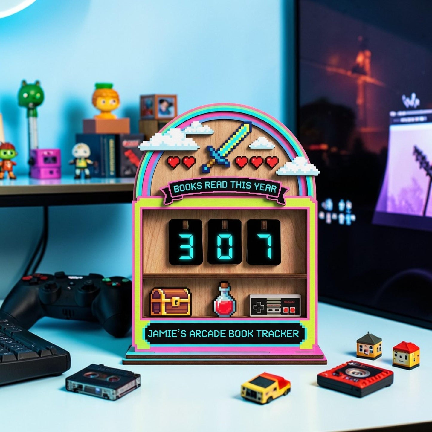 Custom Name Retro Gaming Wooden Book Counter - Unique Arcade Pixel Art Bookshelf Decor Insert