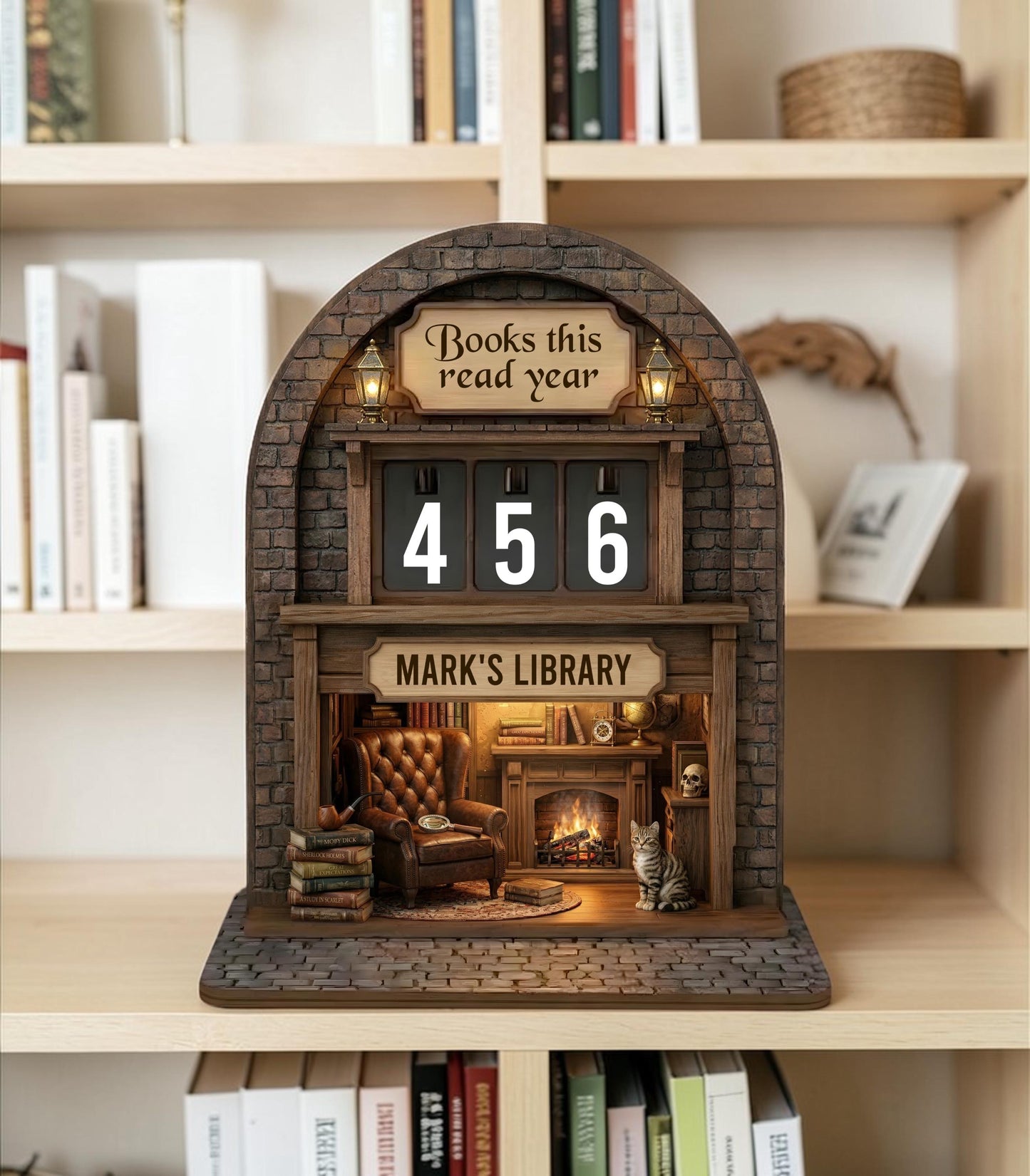 Custom Name Wooden Book Counter - Mystery Lover Gift Bookshelf Decor Insert