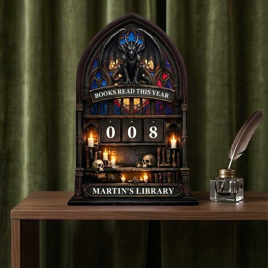 Gothic Cathedral Reading Tracker Sign, Custom Name Library Decor, Book Counter Dragon Sculpture Academic Gift