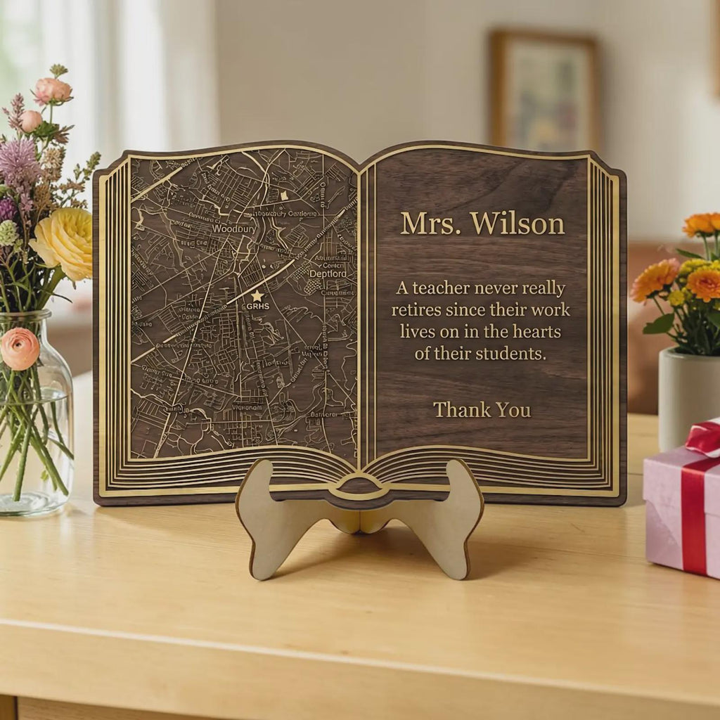 Personalized Teacher Retirement Gift, Engraved Wooden Open Book Plaque With Custom Map & Thank You Message, Educator Appreciation