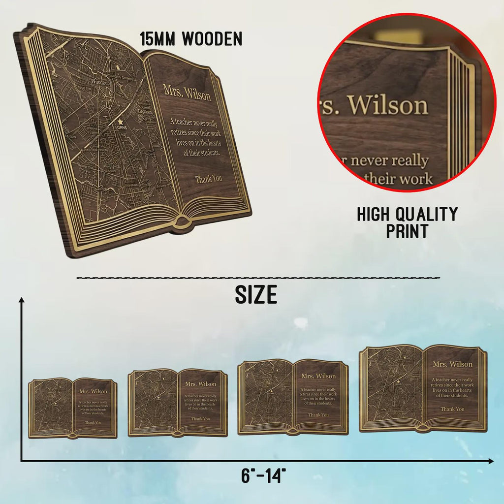 Personalized Teacher Retirement Gift, Engraved Wooden Open Book Plaque With Custom Map & Thank You Message, Educator Appreciation