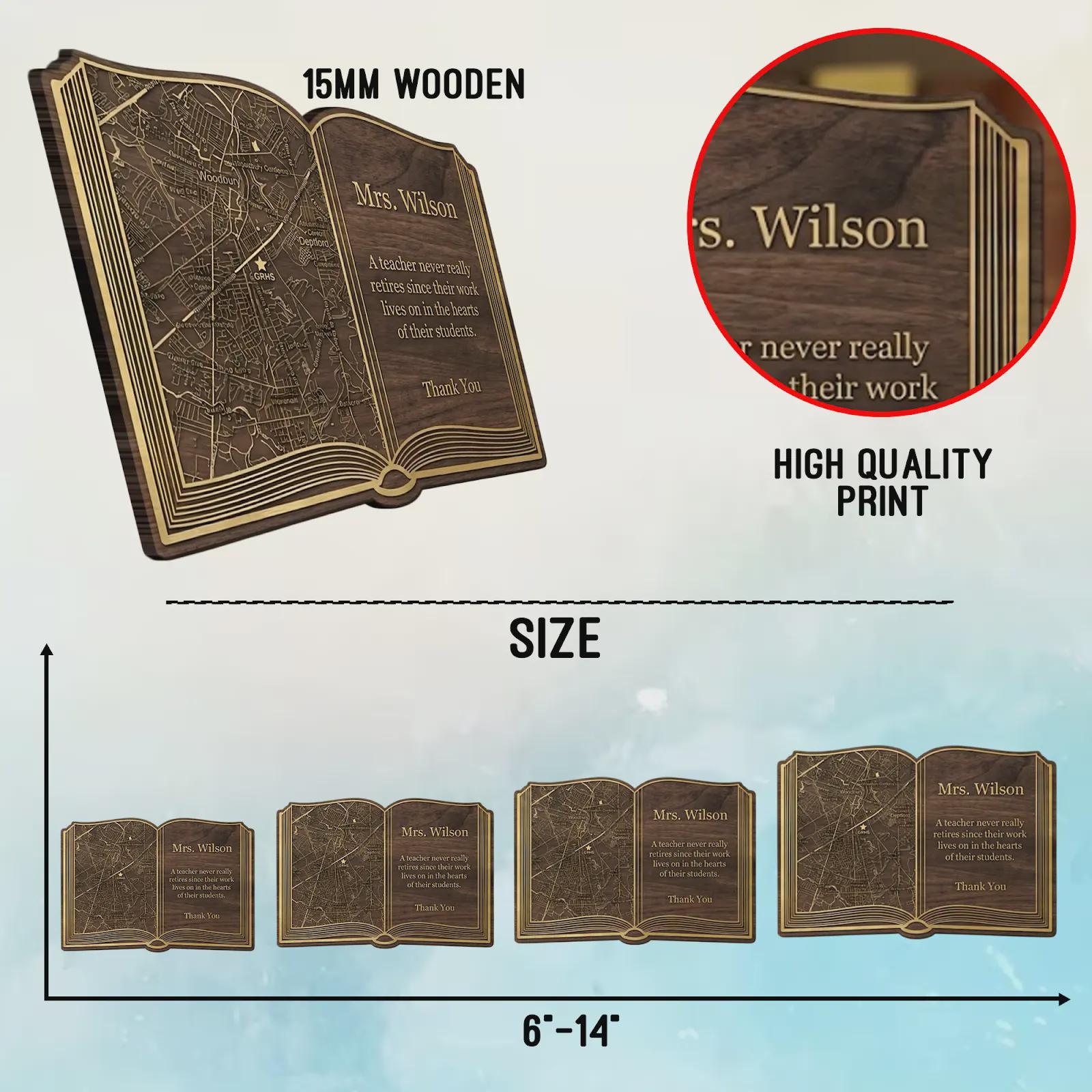 Personalized Teacher Retirement Gift, Engraved Wooden Open Book Plaque With Custom Map & Thank You Message, Educator Appreciation