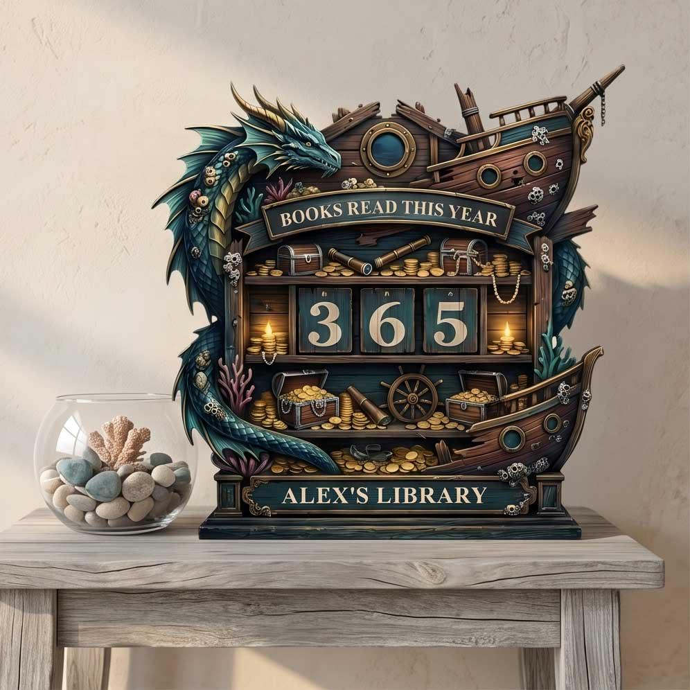Personalized Wooden Dragon Ship Book Tracker: Custom Name, Reading Goals