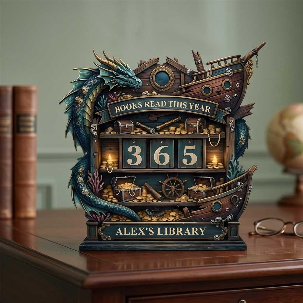 Personalized Wooden Dragon Ship Book Tracker: Custom Name, Reading Goals