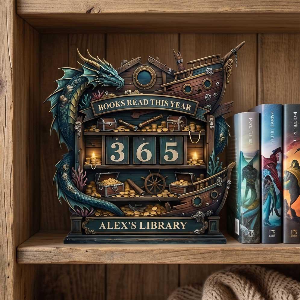 Personalized Wooden Dragon Ship Book Tracker: Custom Name, Reading Goals