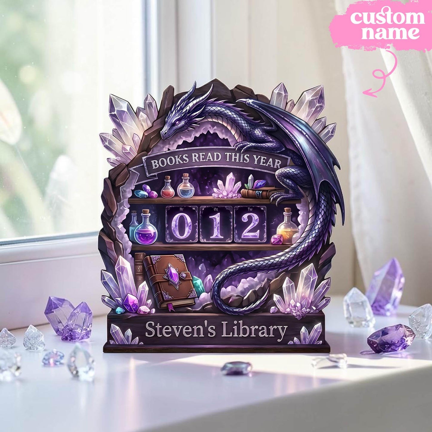 Custom Fantasy Dragon Wooden Reading Tracker | Magical Crystal Library Shelf Decor | Gift For Bookworms & Avid Readers