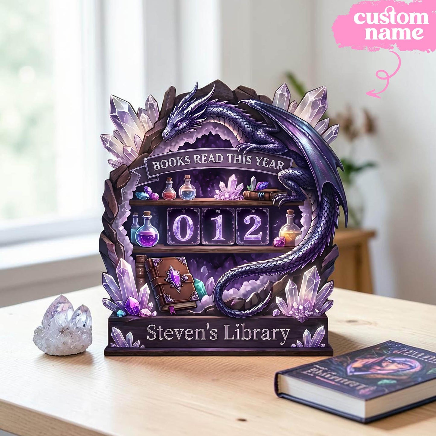 Custom Fantasy Dragon Wooden Reading Tracker | Magical Crystal Library Shelf Decor | Gift For Bookworms & Avid Readers