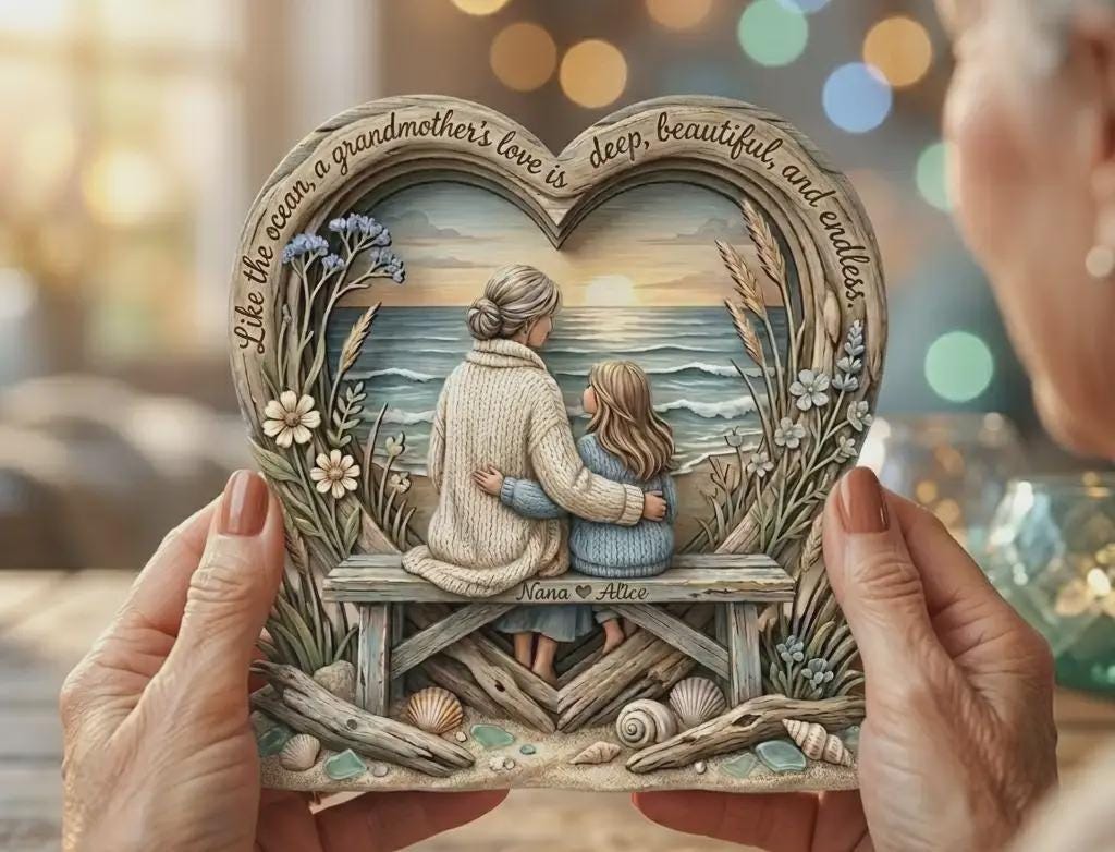 Like The Ocean A Grandmothers Love Heart Sculpture Custom Names Nana Alice Gift Grandmother Granddaughter Sea Sunset Beach Theme Tabletop