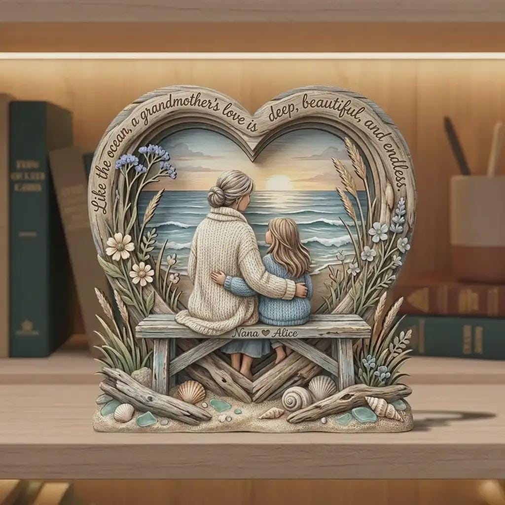 Like The Ocean A Grandmothers Love Heart Sculpture Custom Names Nana Alice Gift Grandmother Granddaughter Sea Sunset Beach Theme Tabletop