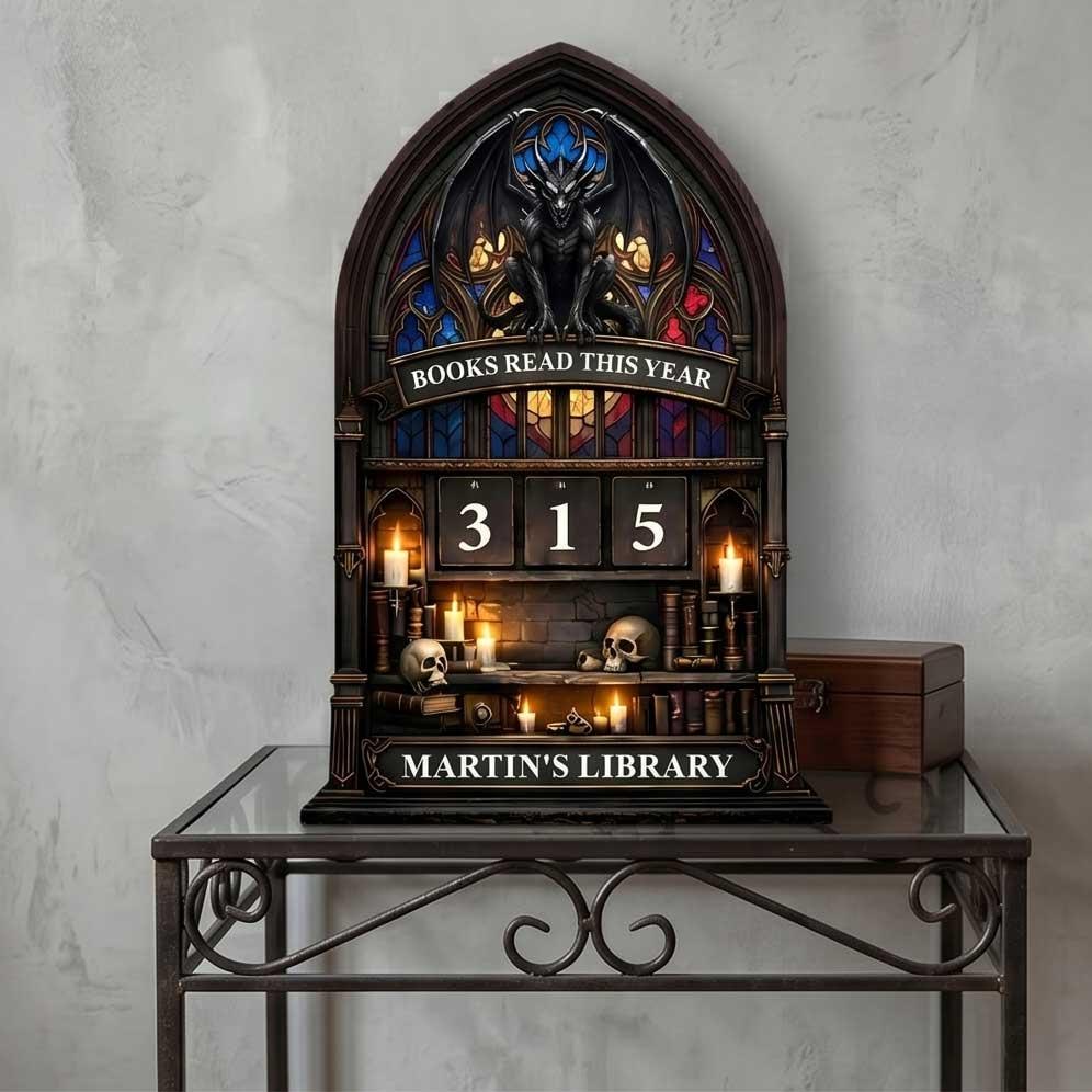 Gothic Cathedral Reading Tracker Sign, Custom Name Library Decor, Book Counter Dragon Sculpture Academic Gift