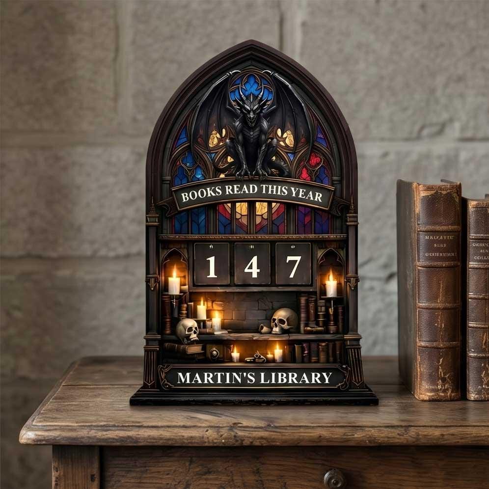 Gothic Cathedral Reading Tracker Sign, Custom Name Library Decor, Book Counter Dragon Sculpture Academic Gift
