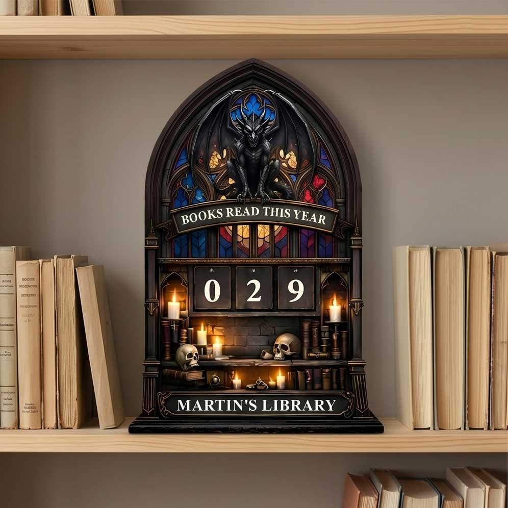 Gothic Cathedral Reading Tracker Sign, Custom Name Library Decor, Book Counter Dragon Sculpture Academic Gift