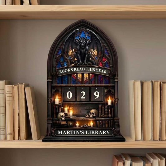 Gothic Cathedral Reading Tracker Sign, Custom Name Library Decor, Book Counter Dragon Sculpture Academic Gift