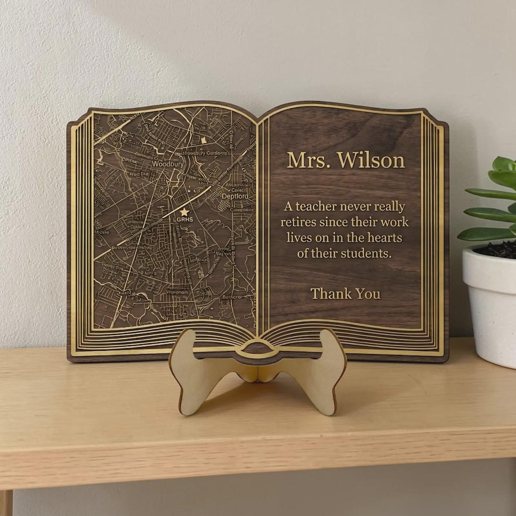 Personalized Teacher Retirement Gift, Engraved Wooden Open Book Plaque With Custom Map & Thank You Message, Educator Appreciation