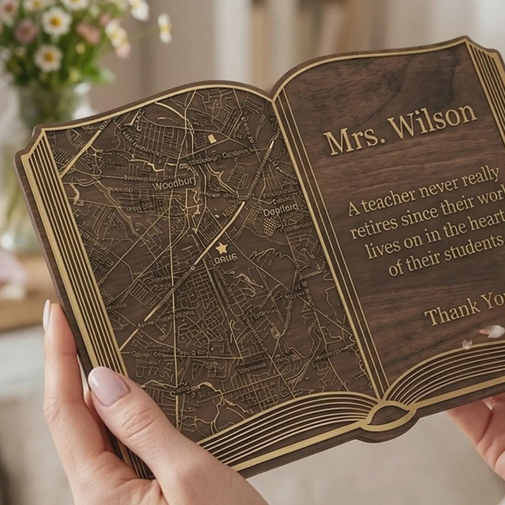 Personalized Teacher Retirement Gift, Engraved Wooden Open Book Plaque With Custom Map & Thank You Message, Educator Appreciation