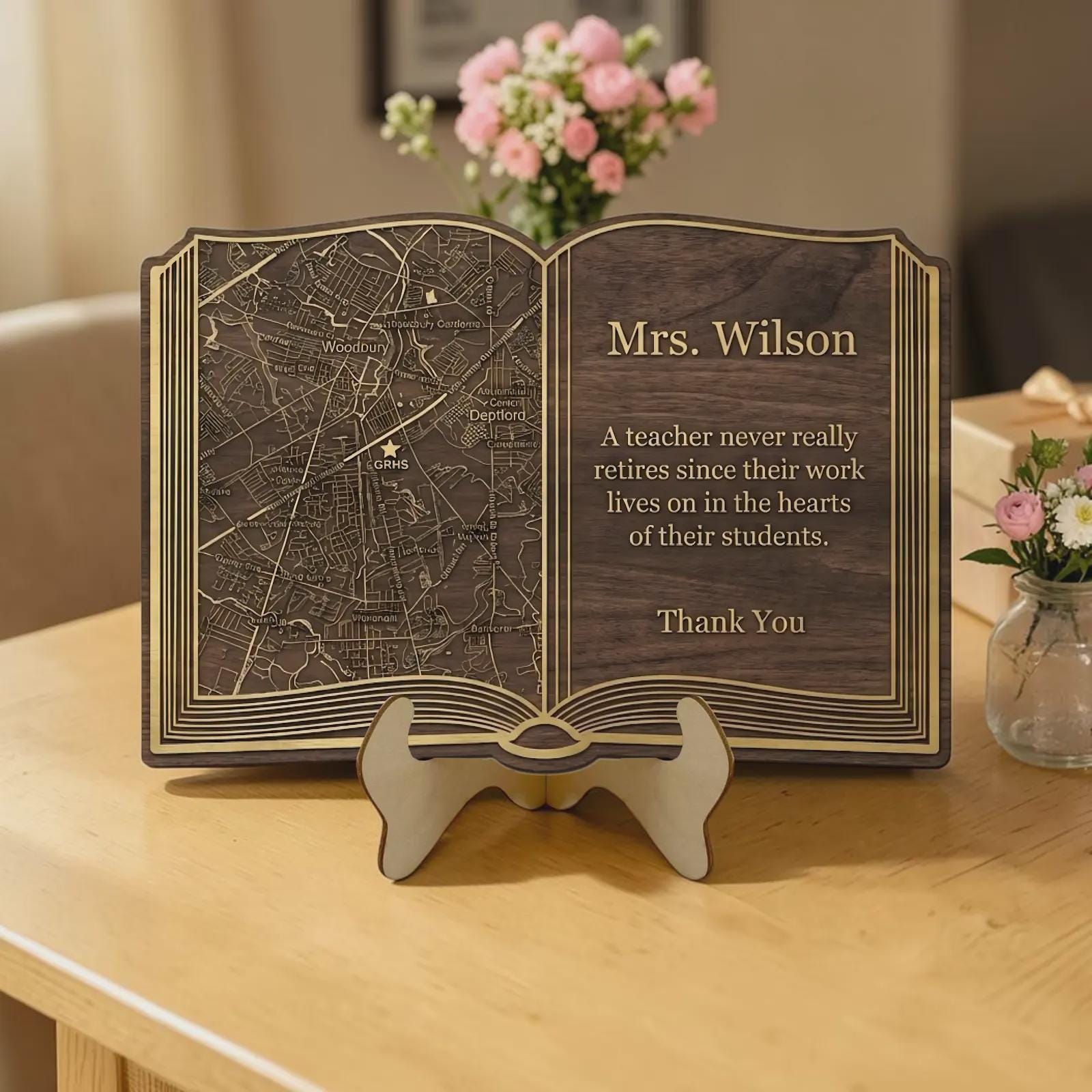 Personalized Teacher Retirement Gift, Engraved Wooden Open Book Plaque With Custom Map & Thank You Message, Educator Appreciation
