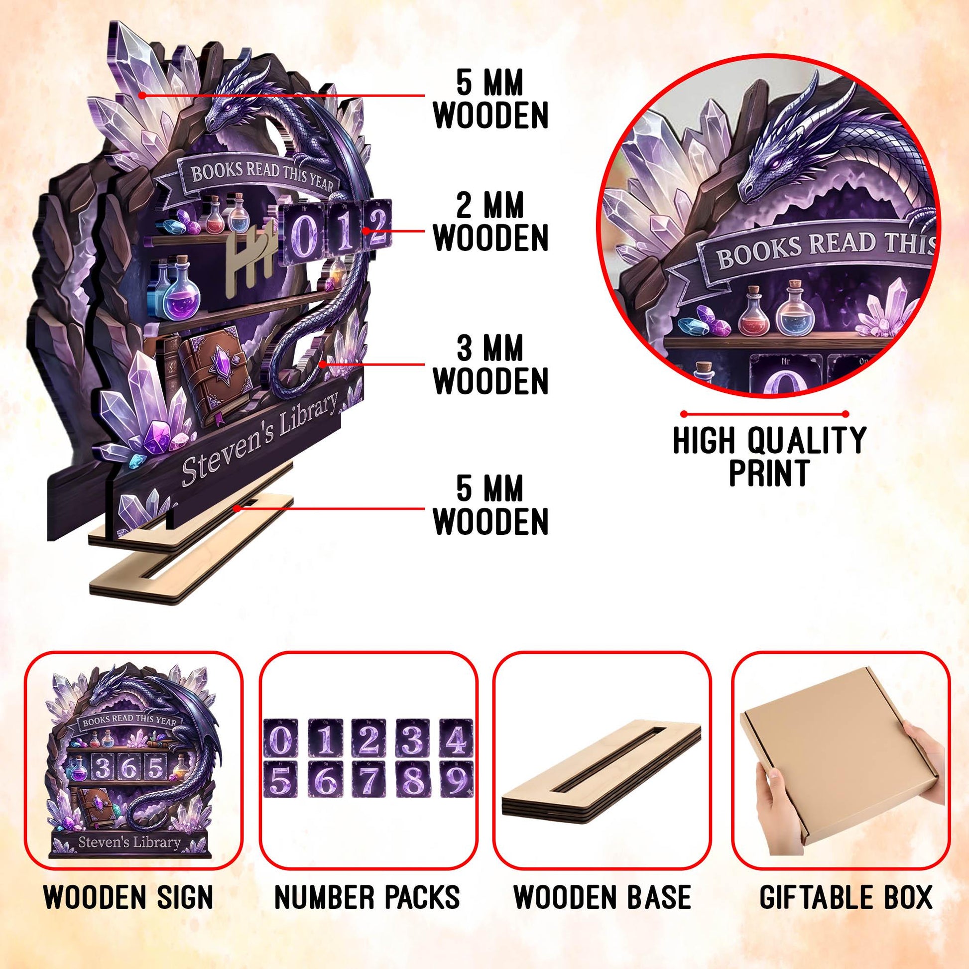 Custom Fantasy Dragon Wooden Reading Tracker | Magical Crystal Library Shelf Decor | Gift For Bookworms & Avid Readers