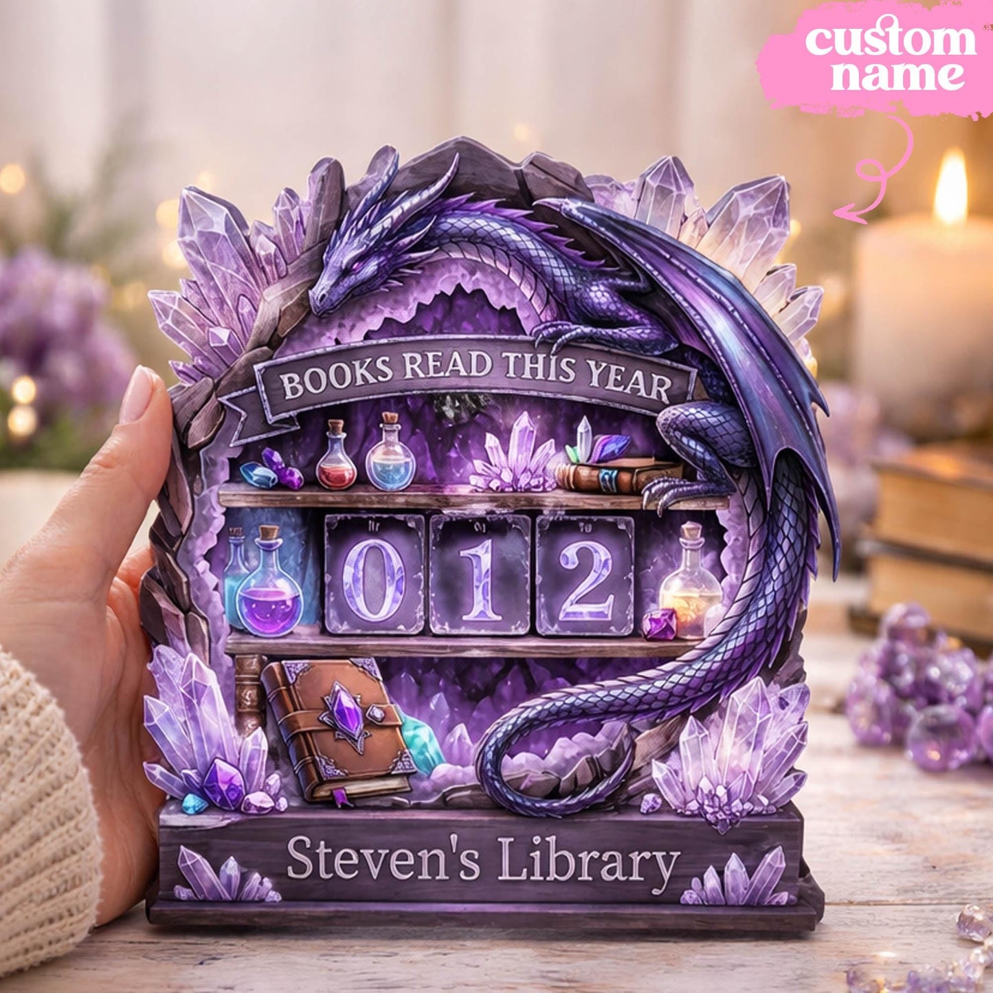 Custom Fantasy Dragon Wooden Reading Tracker | Magical Crystal Library Shelf Decor | Gift For Bookworms & Avid Readers