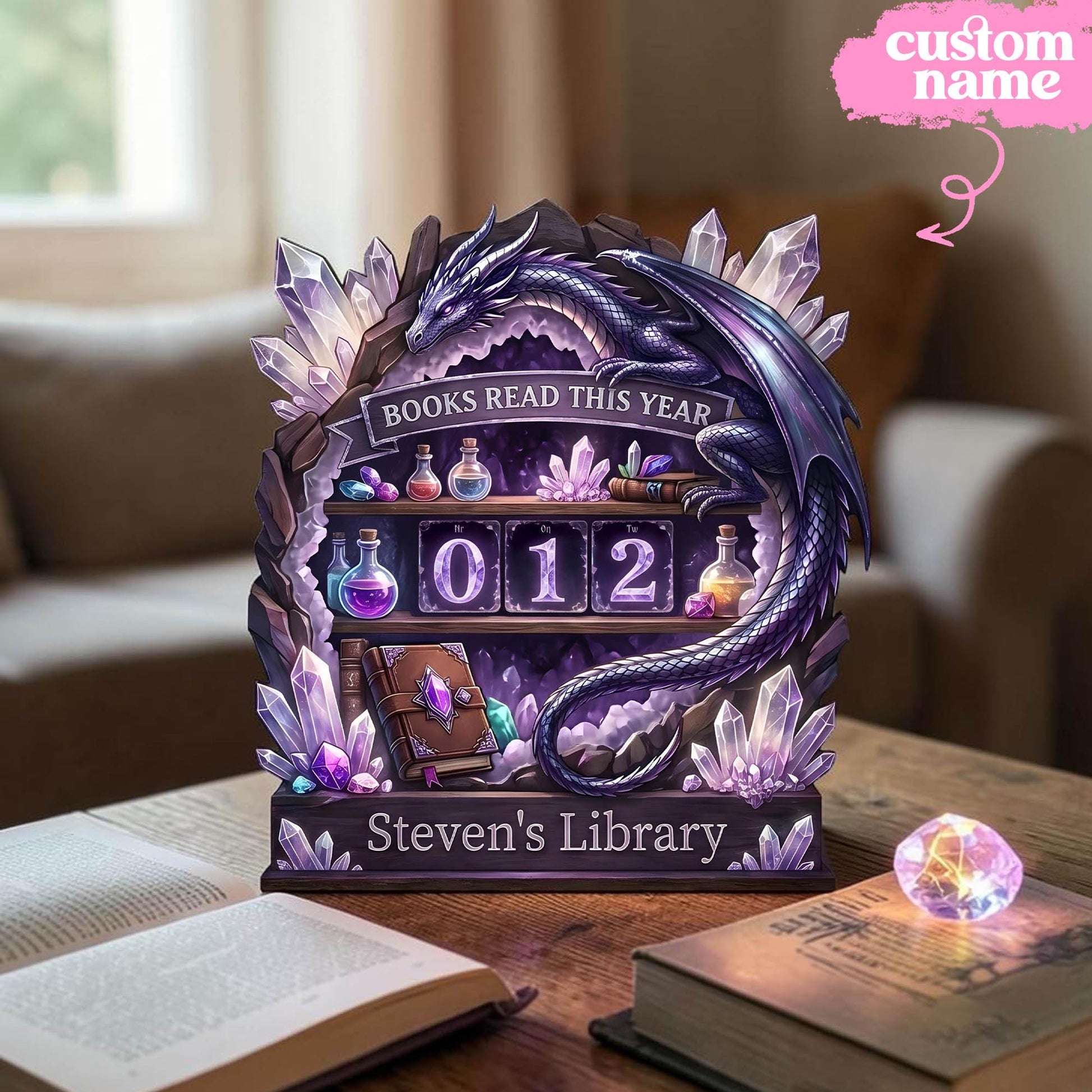 Custom Fantasy Dragon Wooden Reading Tracker | Magical Crystal Library Shelf Decor | Gift For Bookworms & Avid Readers