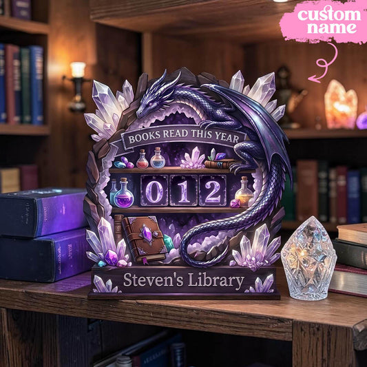 Custom Fantasy Dragon Wooden Reading Tracker | Magical Crystal Library Shelf Decor | Gift For Bookworms & Avid Readers