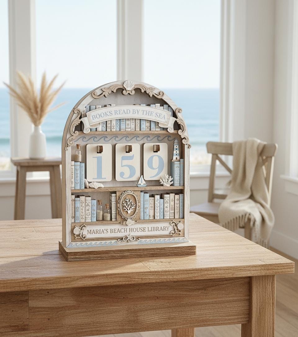 Personalized Beach House Book Tracker, Coastal Wooden Reading Log, Maria's Library Decor, Custom Literary Gift, Books Read By The Sea Shelf