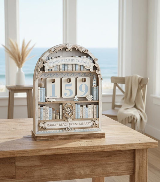 Personalized Beach House Book Tracker, Coastal Wooden Reading Log, Maria's Library Decor, Custom Literary Gift, Books Read By The Sea Shelf
