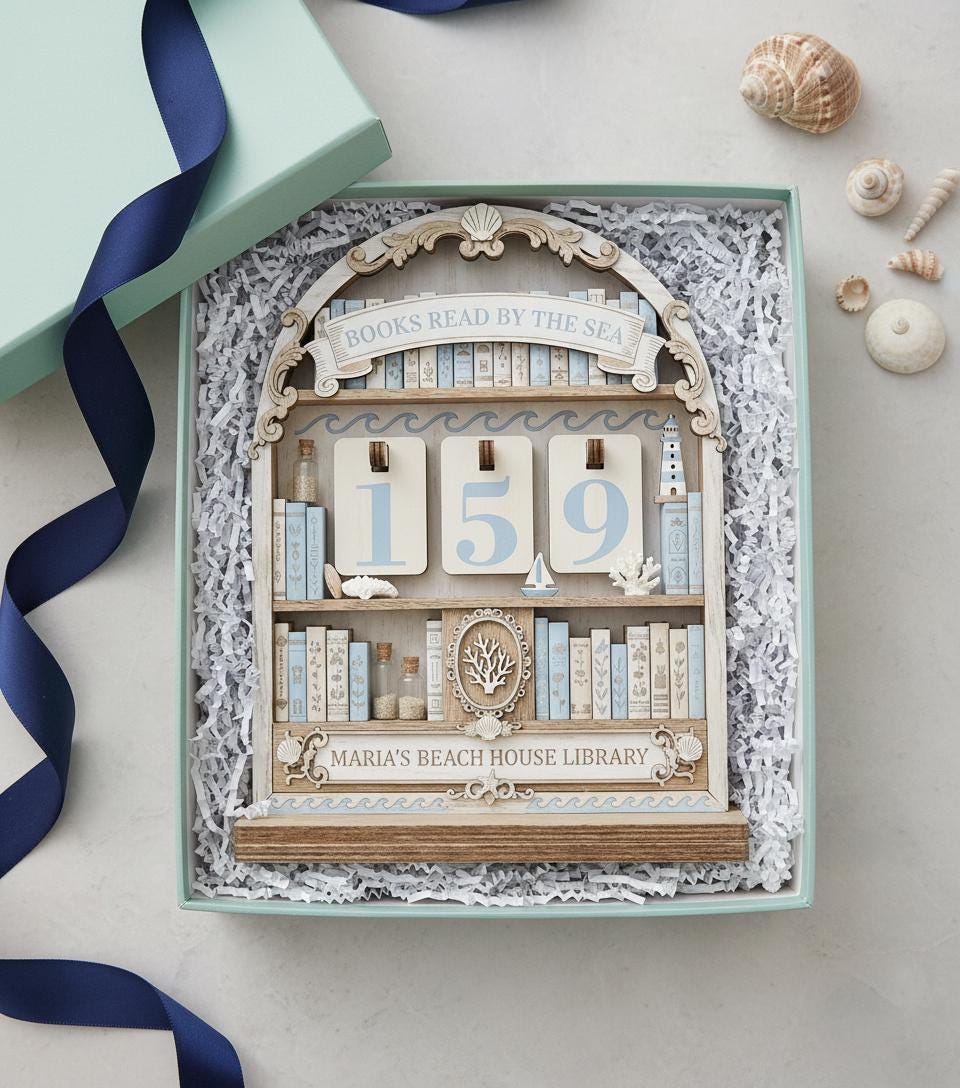 Personalized Beach House Book Tracker, Coastal Wooden Reading Log, Maria's Library Decor, Custom Literary Gift, Books Read By The Sea Shelf