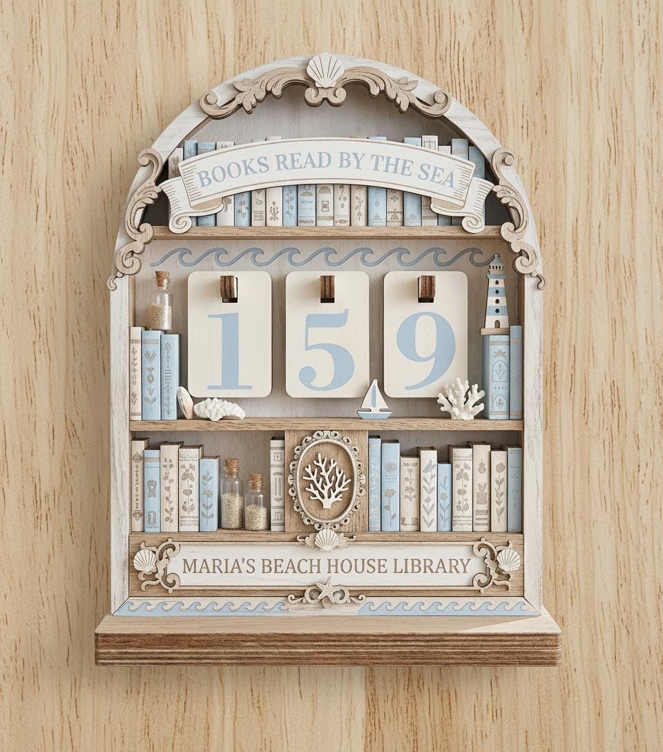 Personalized Beach House Book Tracker, Coastal Wooden Reading Log, Maria's Library Decor, Custom Literary Gift, Books Read By The Sea Shelf