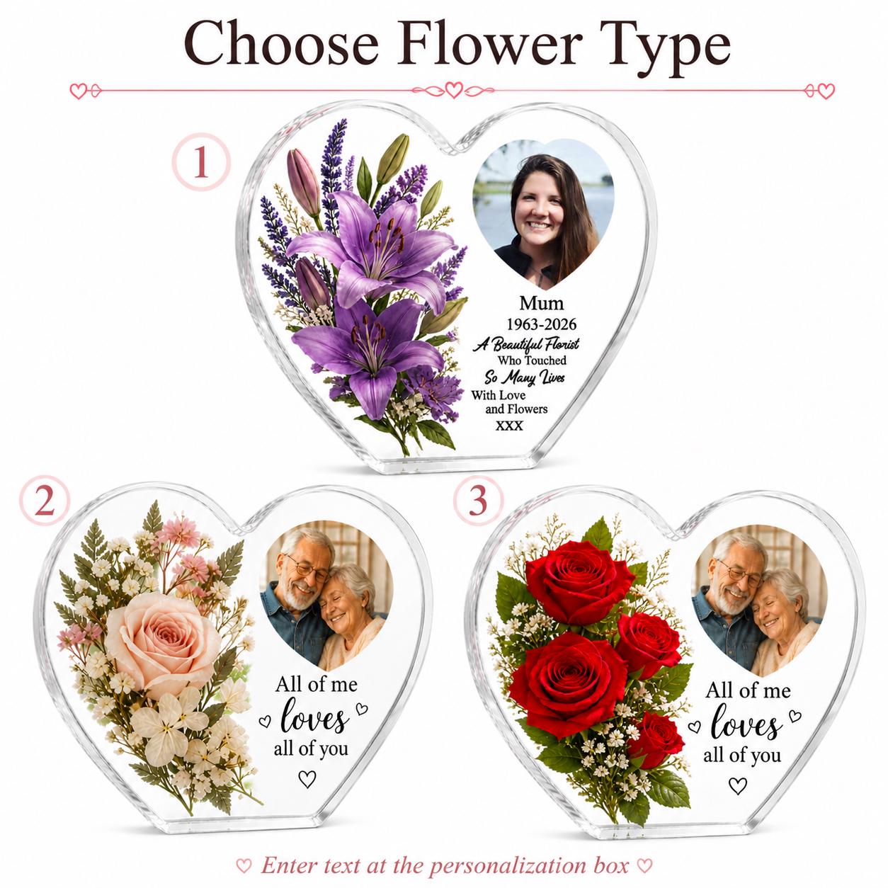 Floral Heart Photo Keepsake Plaque, Custom Couple Acrylic Plaque, Custom Flower Type, Photo, Text, Custom Memorial Decor