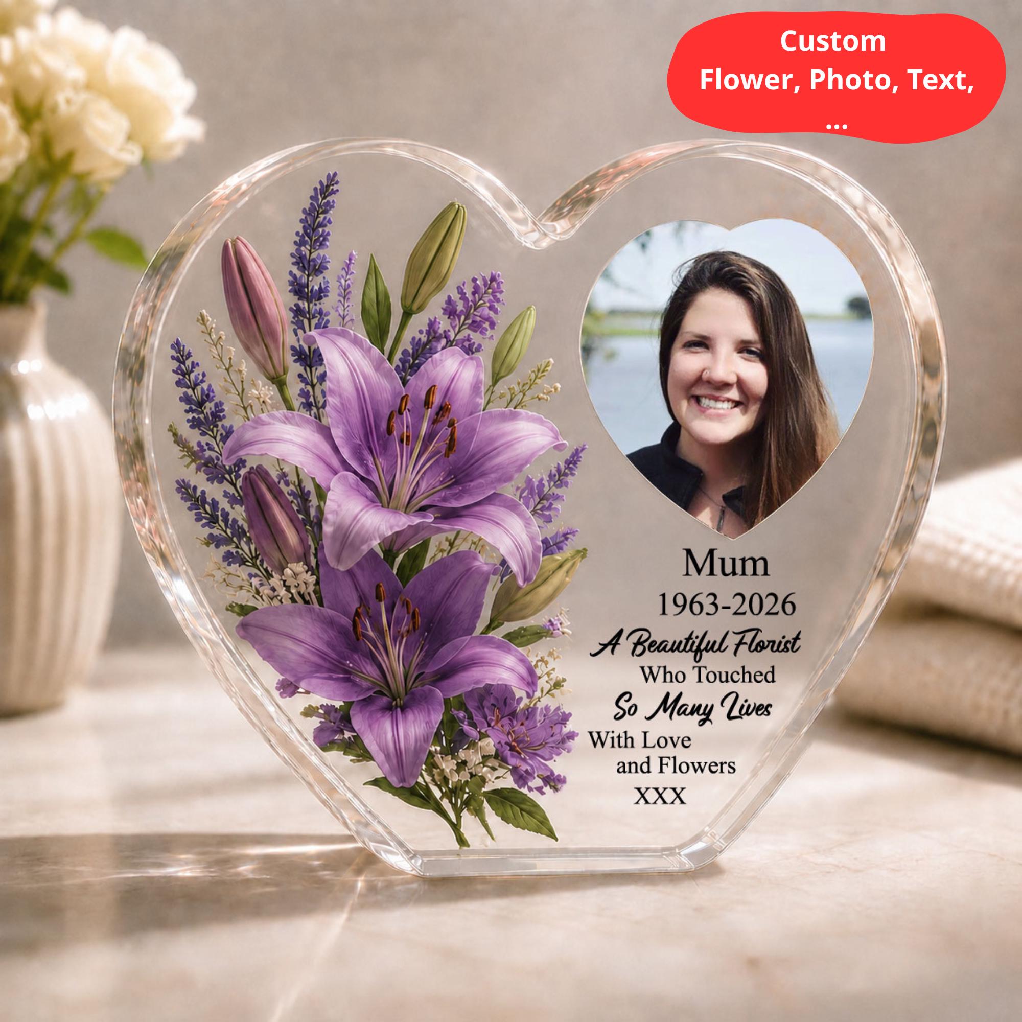 Floral Heart Photo Keepsake Plaque, Custom Couple Acrylic Plaque, Custom Flower Type, Photo, Text, Custom Memorial Decor