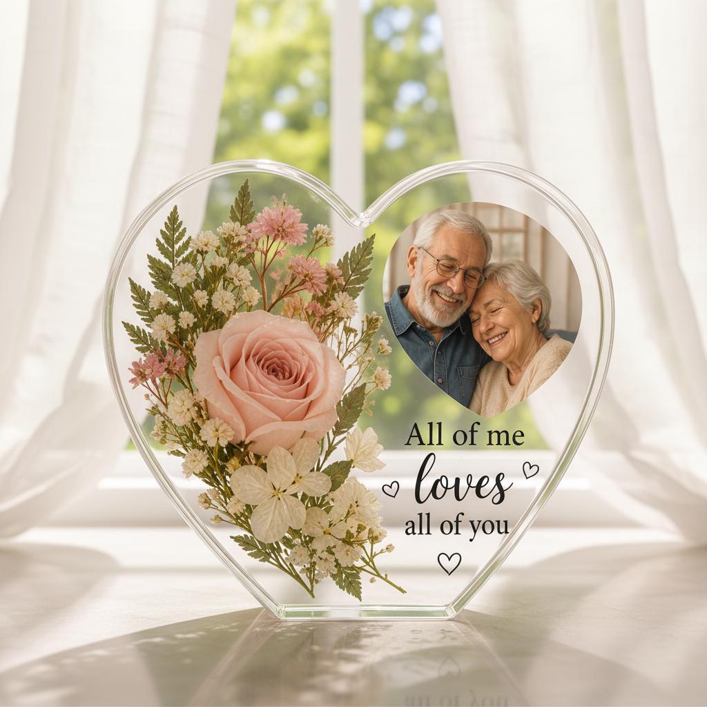 Floral Heart Photo Keepsake Plaque, Custom Couple Acrylic Plaque, Custom Flower Type, Photo, Text, Custom Memorial Decor