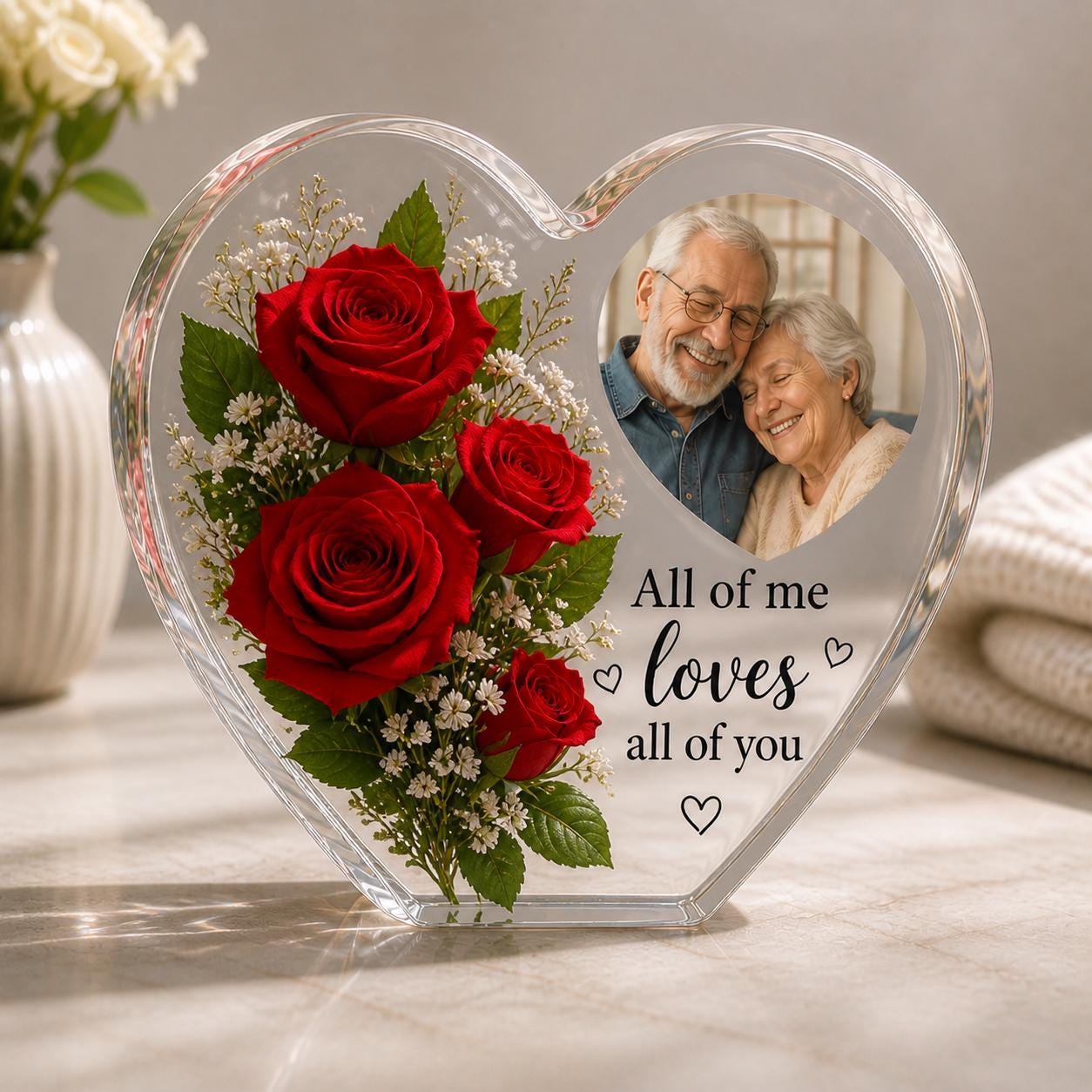 Floral Heart Photo Keepsake Plaque, Custom Couple Acrylic Plaque, Custom Flower Type, Photo, Text, Custom Memorial Decor