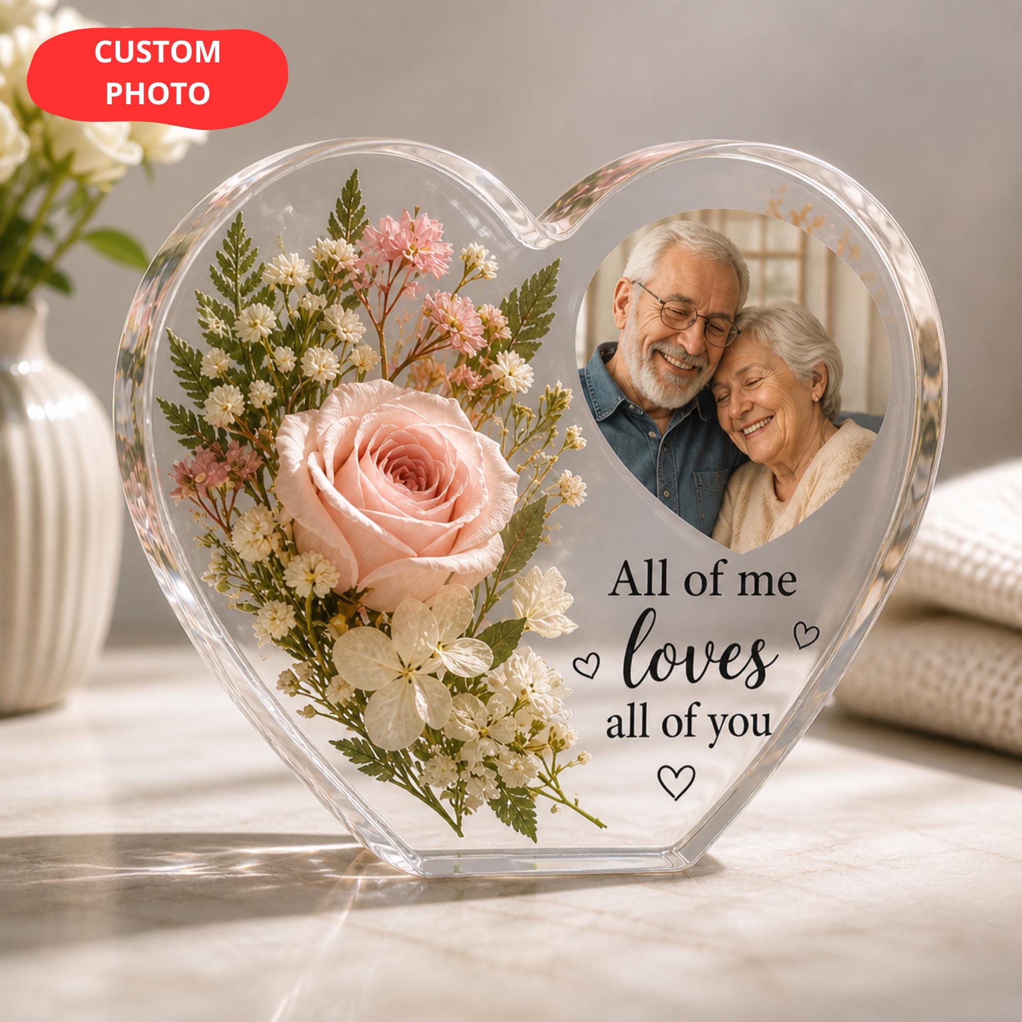 Floral Heart Photo Keepsake Plaque, Custom Couple Acrylic Plaque, Custom Flower Type, Photo, Text, Custom Memorial Decor