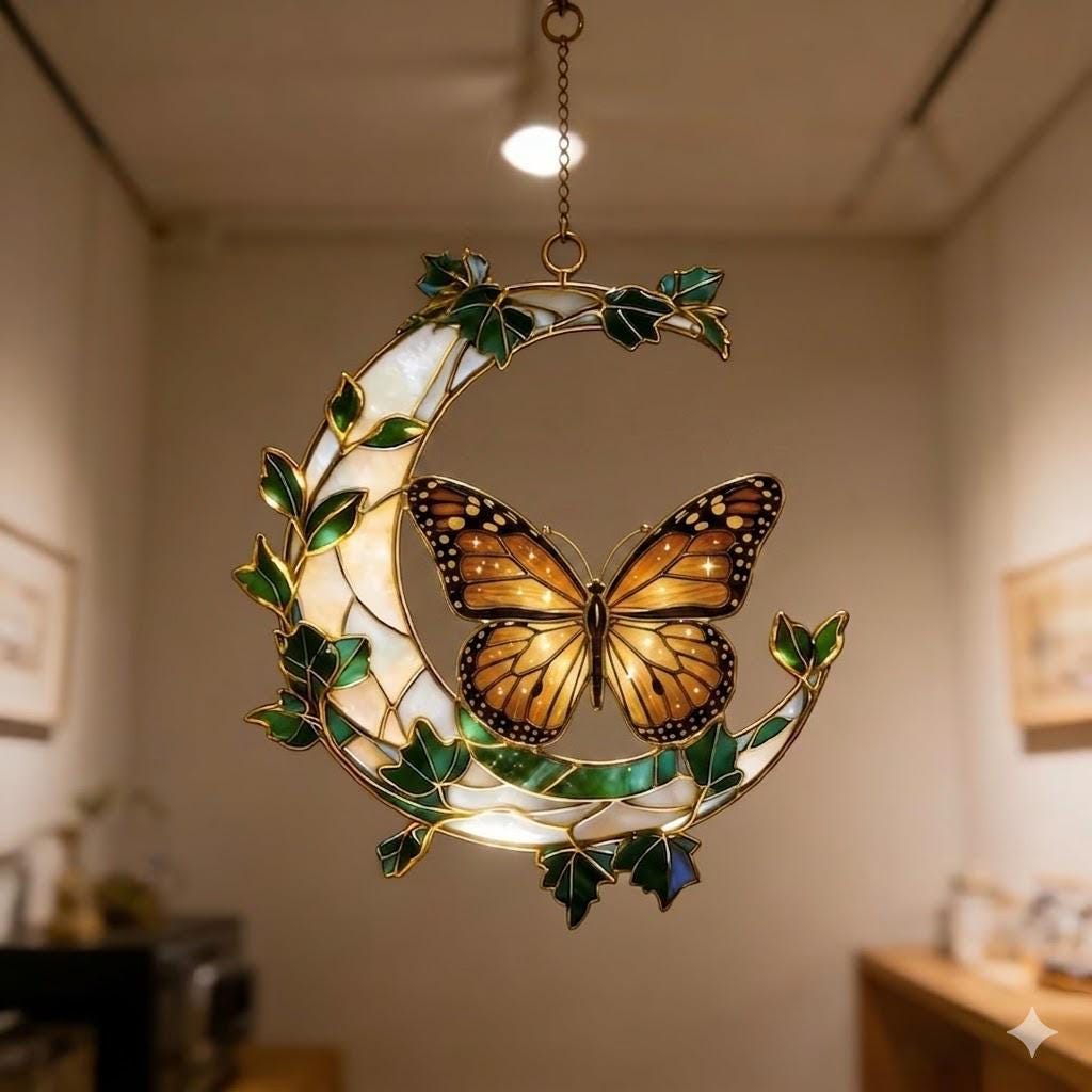 Monarch Butterfly Crescent Moon Suncatcher, Faux Stained Glass Window Hanging, Nature Inspired Home Decor, Unique Garden Gift