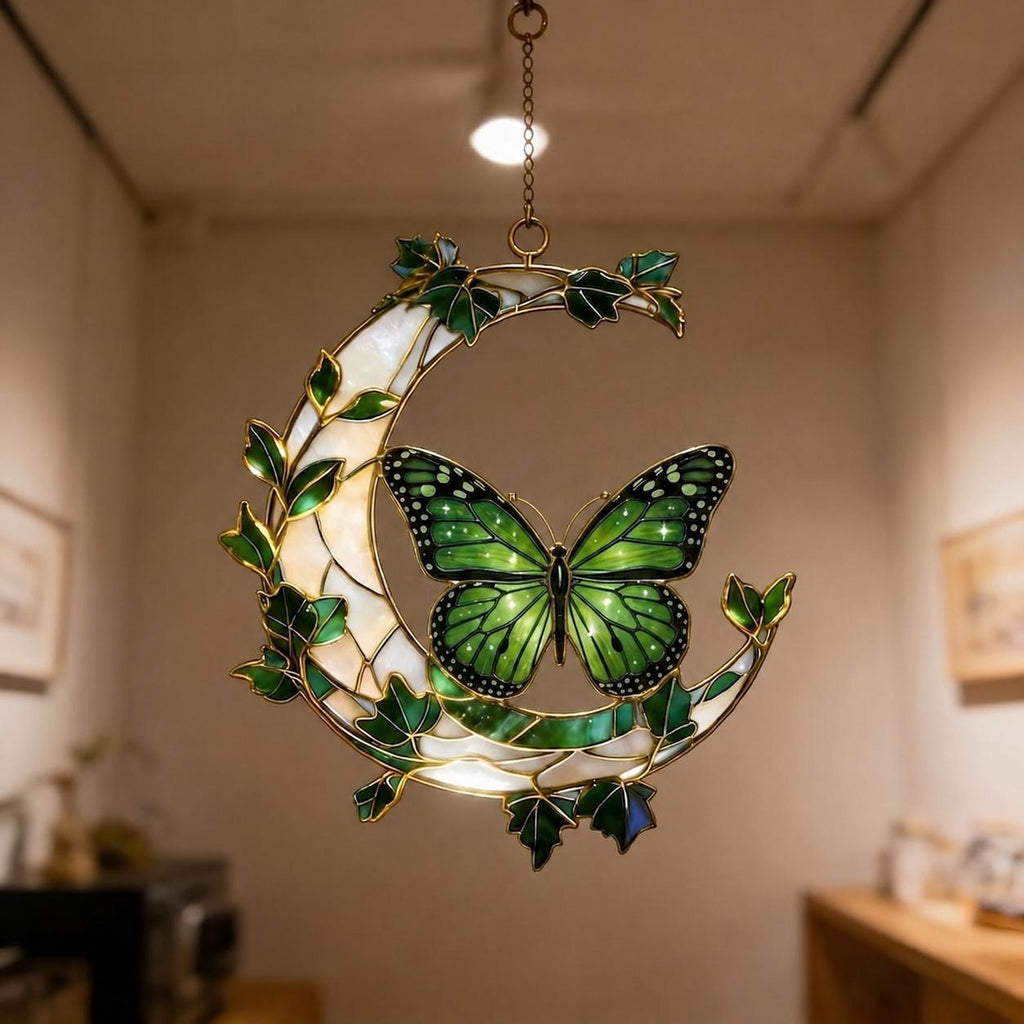 Monarch Butterfly Crescent Moon Suncatcher, Faux Stained Glass Window Hanging, Nature Inspired Home Decor, Unique Garden Gift