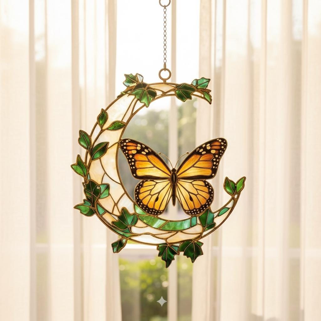 Monarch Butterfly Crescent Moon Suncatcher, Faux Stained Glass Window Hanging, Nature Inspired Home Decor, Unique Garden Gift