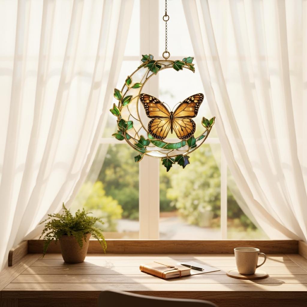 Monarch Butterfly Crescent Moon Suncatcher, Faux Stained Glass Window Hanging, Nature Inspired Home Decor, Unique Garden Gift