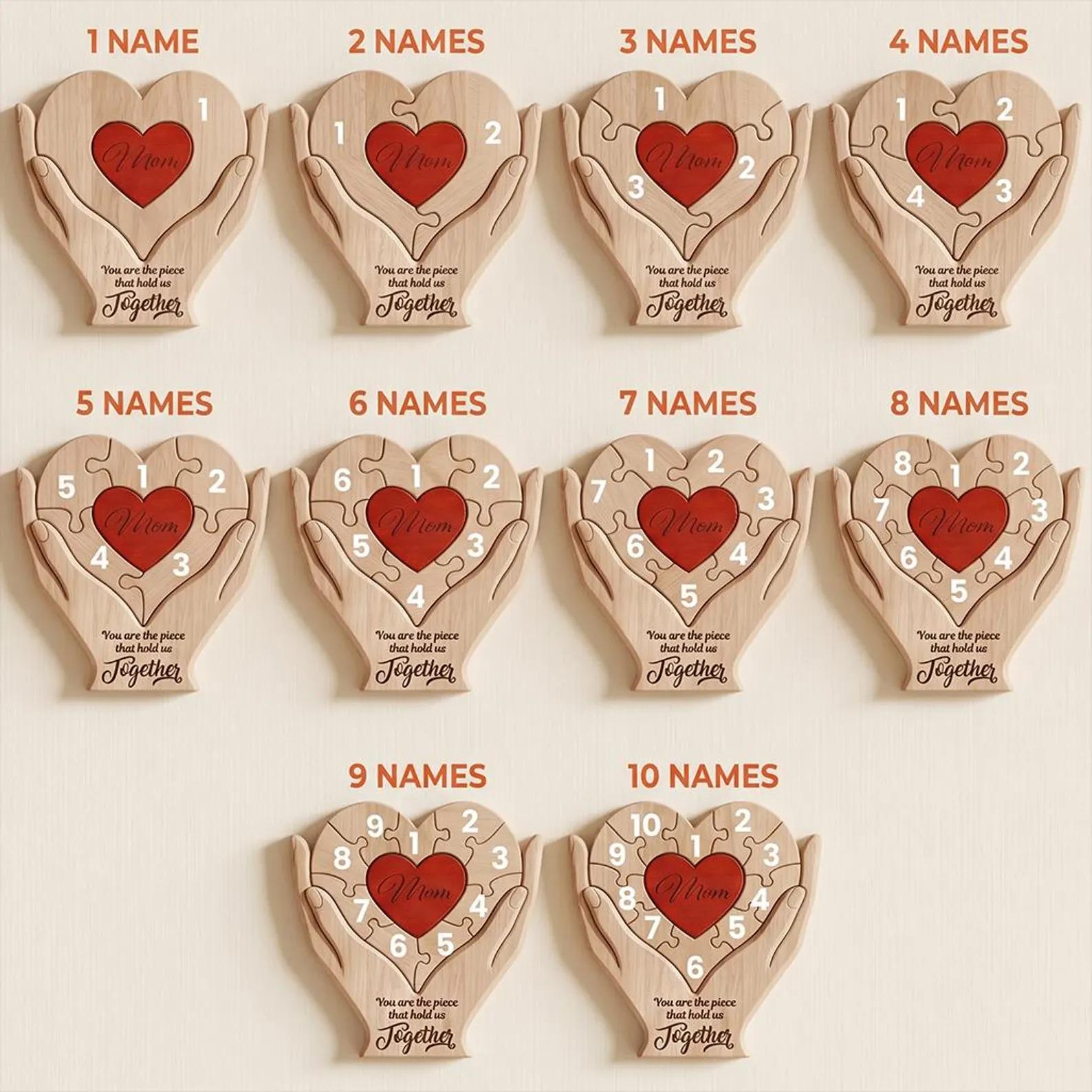 Custom Family Heart Puzzle Decor, Unique Wood Mother's Day Gift With Names, Personalized Mom And Kids Keepsake Art