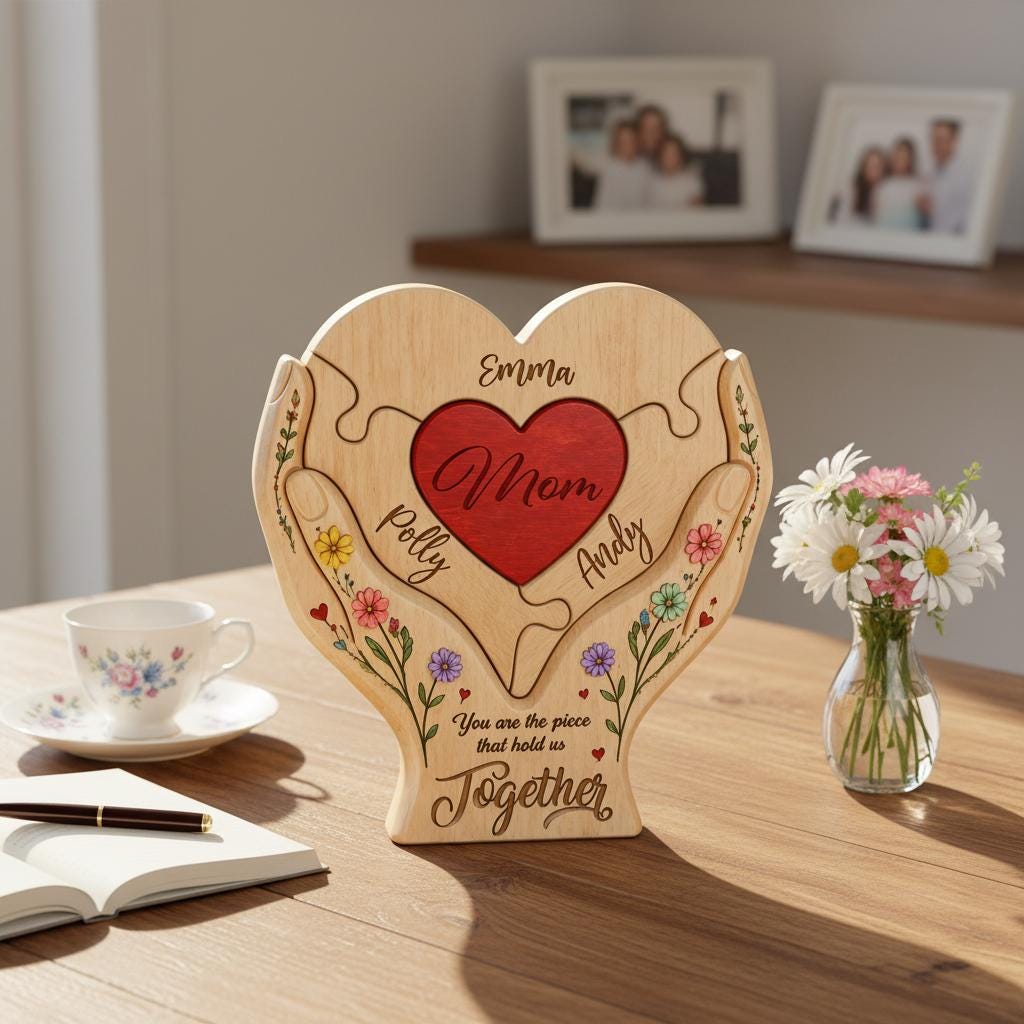 Custom Family Heart Puzzle Decor, Unique Wood Mother's Day Gift With Names, Personalized Mom And Kids Keepsake Art