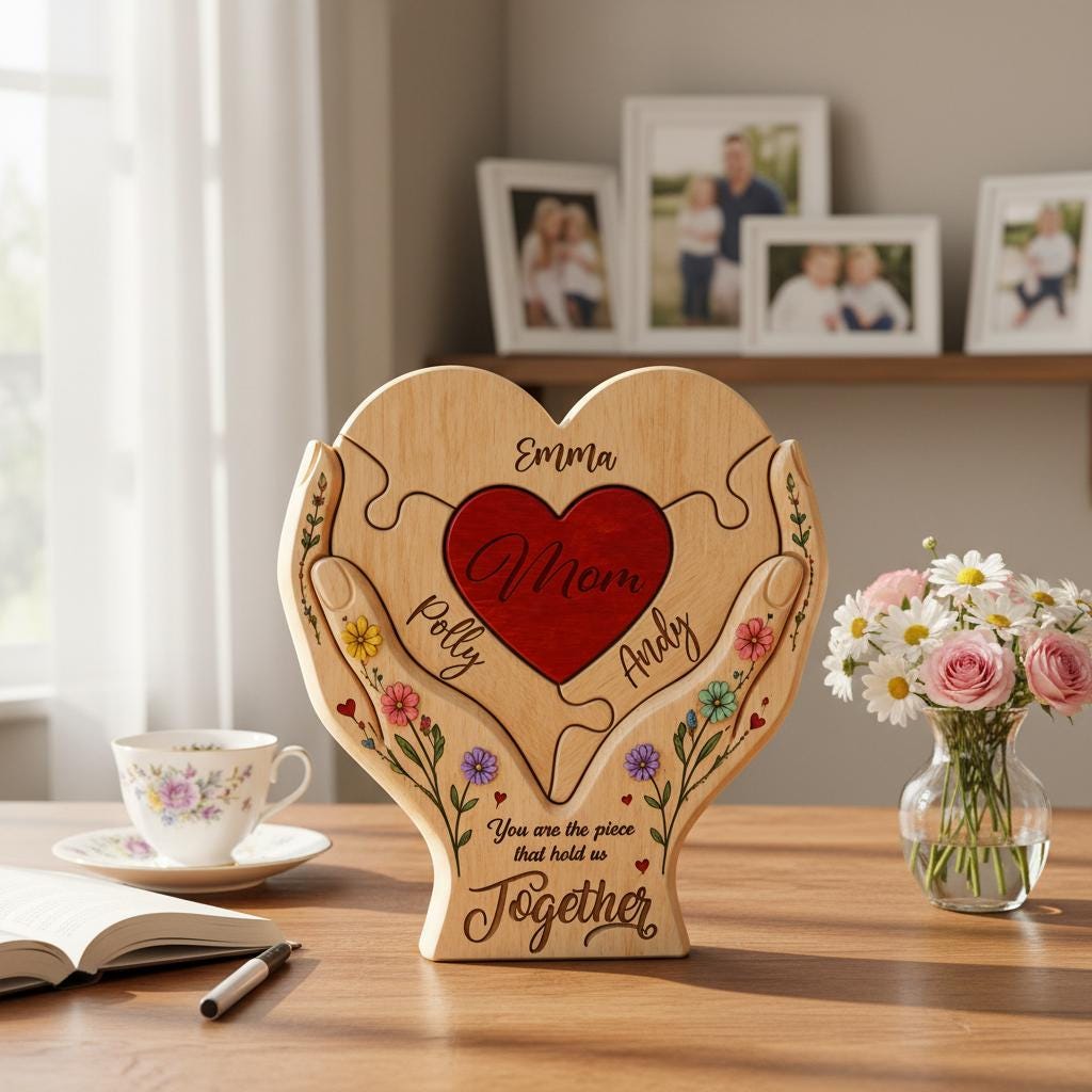 Custom Family Heart Puzzle Decor, Unique Wood Mother's Day Gift With Names, Personalized Mom And Kids Keepsake Art